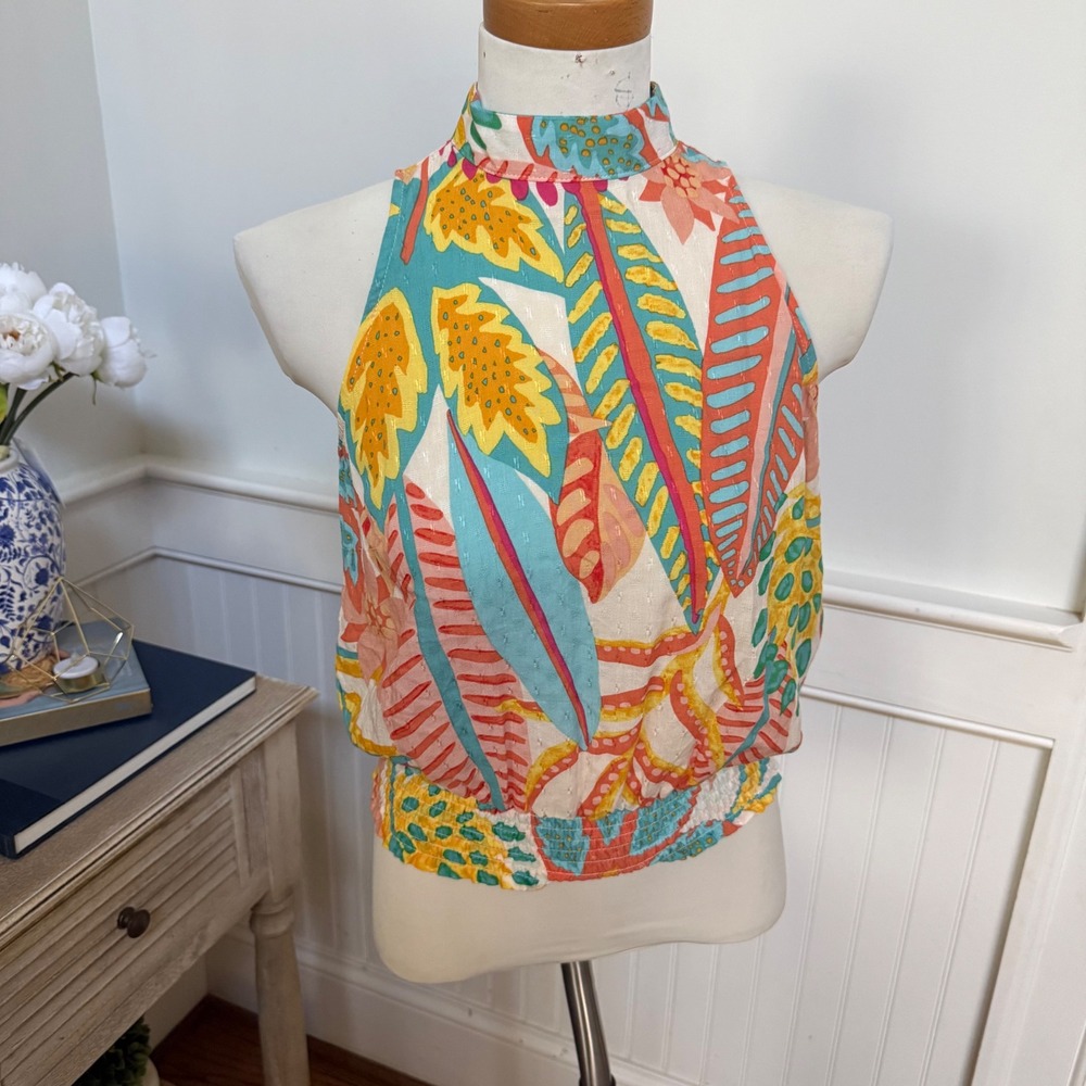 Christian Siriano XS Tropical Leaf Print Mock Neck Smocked Hem Tank Top NWOT